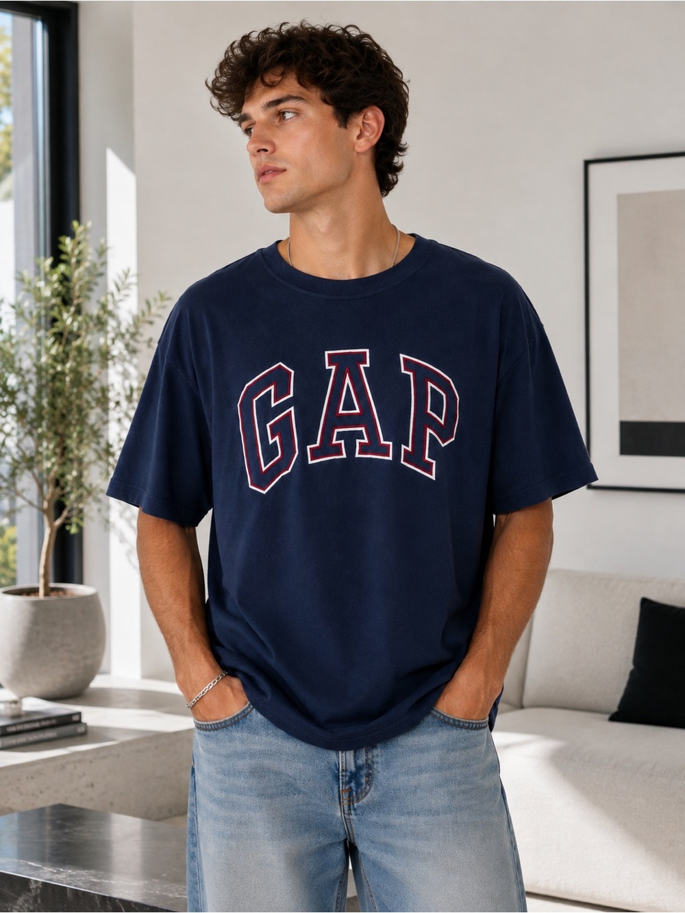 GAP Navy Tee With Red And White Arched Logo - Size M
